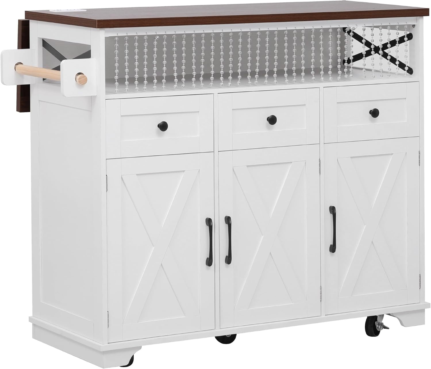 Bellemave 46.5" Farmhouse Kitchen Island cart with Charging Station and with Drape of Beads, Rolling Kitchen Island Table with Drop-Leaf, 3 Drawers, White