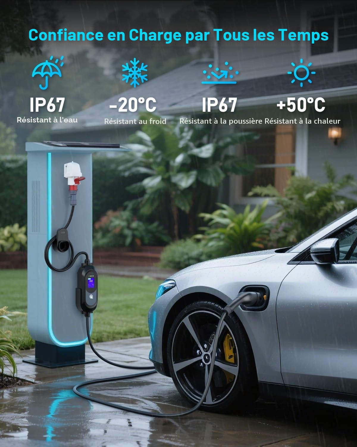 EVJUICION Wallbox Mobile 11 kW 8 m [3 phases 6A-16 A IP67] Câble de charge type 2 11 kW CEE 16 A vers type 2, chargeur EV avec écran LCD 2,4" et support de câble, station de charge mobile, charge
