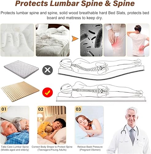 Miniatura 7 de Bunkie de madera para cama Queen King, Matrimonial, Individual, Cama Antigua – Soporte de Colchón Rollo Plegable Base de Madera para Cama