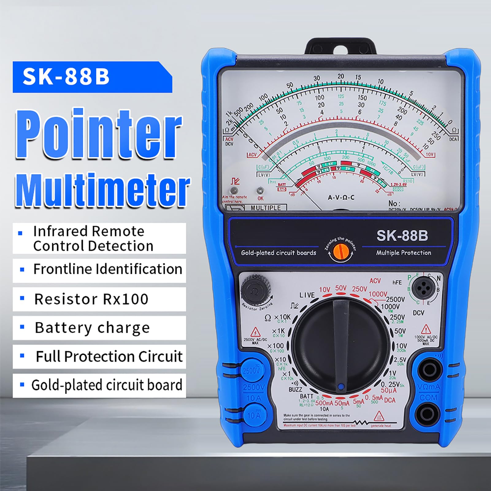 Asixxsix Multimetro con Puntatore Analogico 10 IN 1, Misuratore Ad Ago Ad Alta sensibilità, Tensione CA/CC, Corrente CC, Resistenza Rx10K, Stato Condensatore, Livello Batteria (SK-88B)