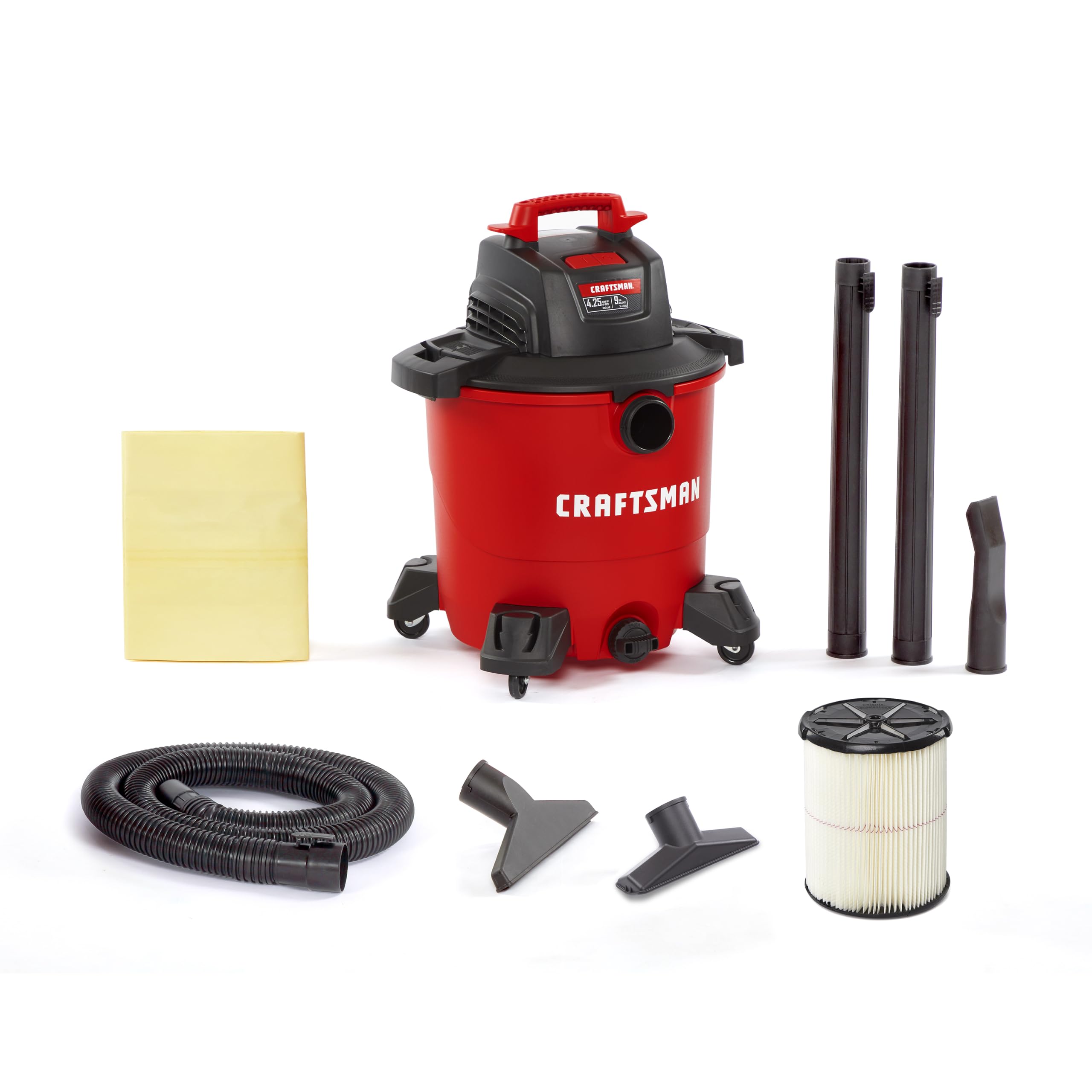 CRAFTSMAN CMXEVBE17590 Przenośny odkurzacz warsztatowy do pracy na mokro i sucho, pojemność 34 l, moc szczytowa 4,25 KM, z filtrem, workiem na kurz, wężem i akcesoriami, do domu, garażu i samochodu
