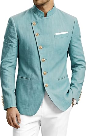 HUUTOE Mens Casual Suit Nehru Blazer Linen Chinese Jackets Silm Stand Mandarin Collar Lightweight Sport Coats Business