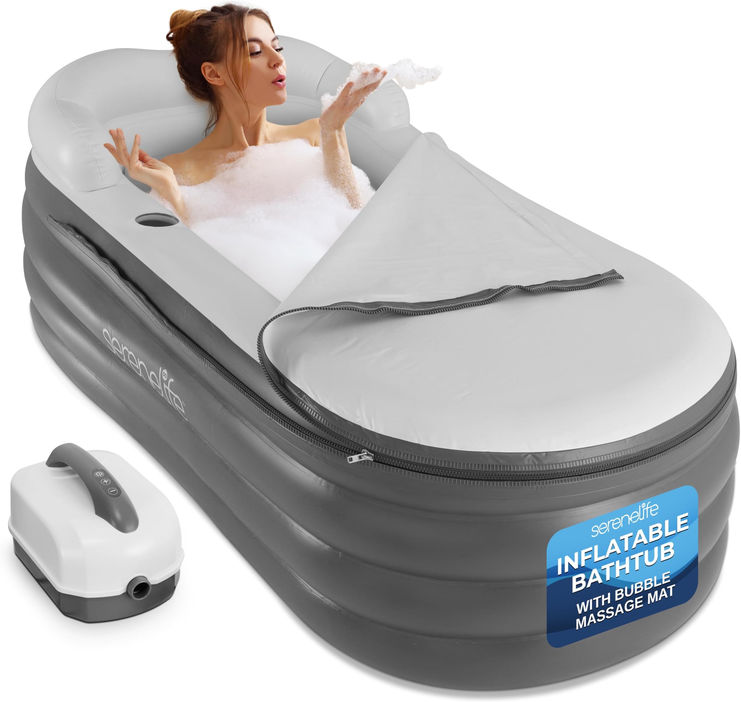 SereneLife Inflatable Bathtub with Bubble Massage Mat, Non-Slip, Backrest Support, Includes Pillow, Cup Holder, Remote Control, Easy Storage, PVC Material, Supporting Up To 345 lbs., ‎66"x30"x26"