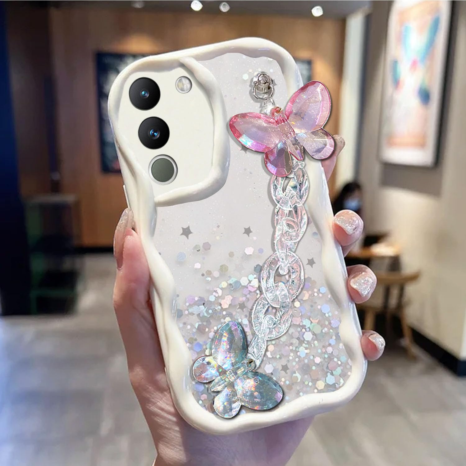KC Back Cover for Vivo Y200 5G - Crystal Butterfly Wrist Bracelet Dry Fixed Glitter Curly Wave Shape Shockproof Soft Silicone Case with Camera Protection (White) (B0D8XYVB27) Amazon Price History, Amazon Price Tracker