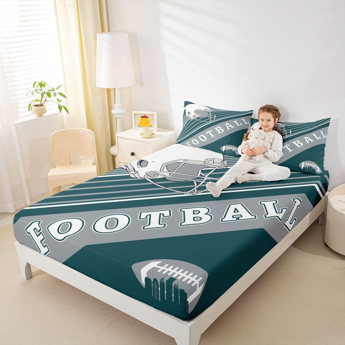 Football Fitted Sheet Football Lovers Toddler Bed Set, Rugby Sports Decor Bed Sheets Birthday Gifts for Men Geometric Striped Sheets, Twin 2Pcs - Image 4