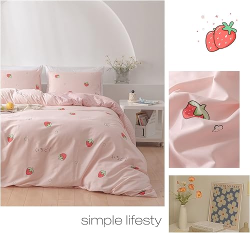 Miniatura 4 de DREAMINGO Juego de funda de edredón de fresa para niñas, juego de ropa de cama de algodón kawaii, decoración de habitación, estilo japonés, para