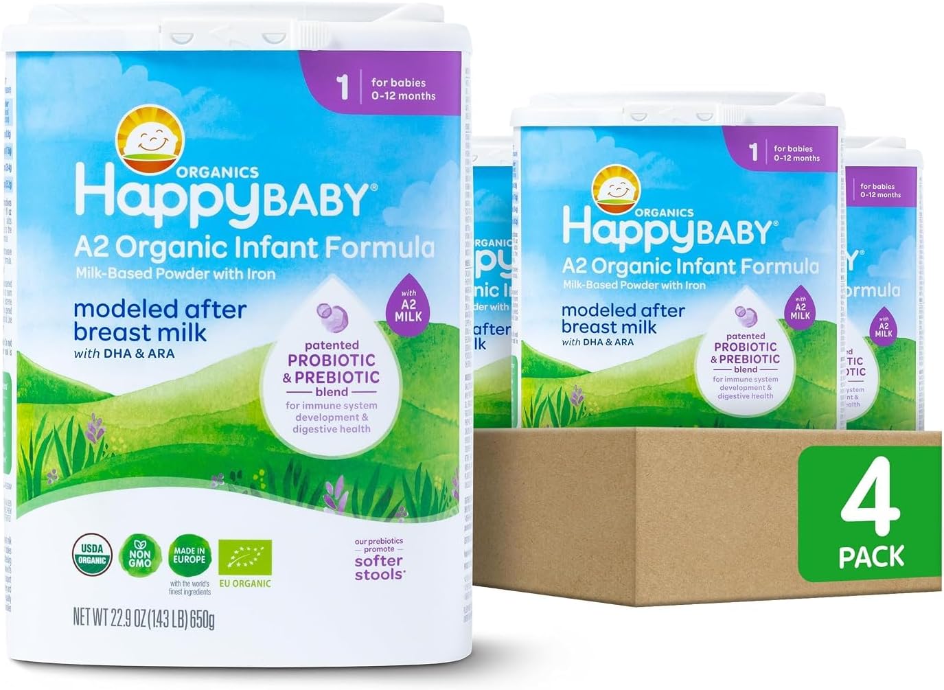 Happy Baby Organics Stage 1 A2 Infant Formula, 0 12 Months, Milk Based Organic Baby Formula Powder with A2 Milk, Probiotics & Prebiotics for Immune & Digestive Support, 22.9 Ounce (Pack of 4)