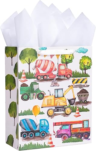 WRAPAHOLIC Bolsa de regalo grande de vehículo de construcción de 13 pulgadas con papel de seda, diseño de coche para niños, cumpleaños de niños,