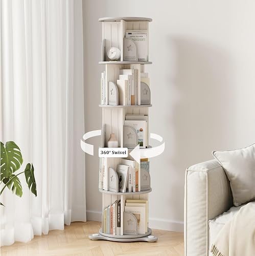 5-Tier Rotating Bookcase with Wheels, 360° Spinning Bookshelf Tower for Corner Spaces, Multi-Functional Book Display Stand & Organizer for Living Room, Bedroom, Classroom, Office - White