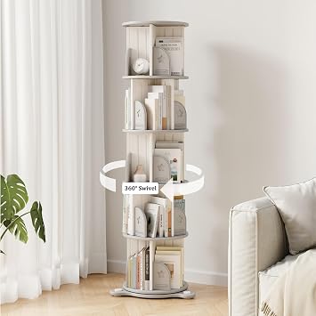 5-Tier Rotating Bookcase with Wheels, 360 Spinning Bookshelf Tower for Corner Spaces, Multi-Functional Book Display Stand & Organizer for Living Room, Bedroom, Classroom, Office - White