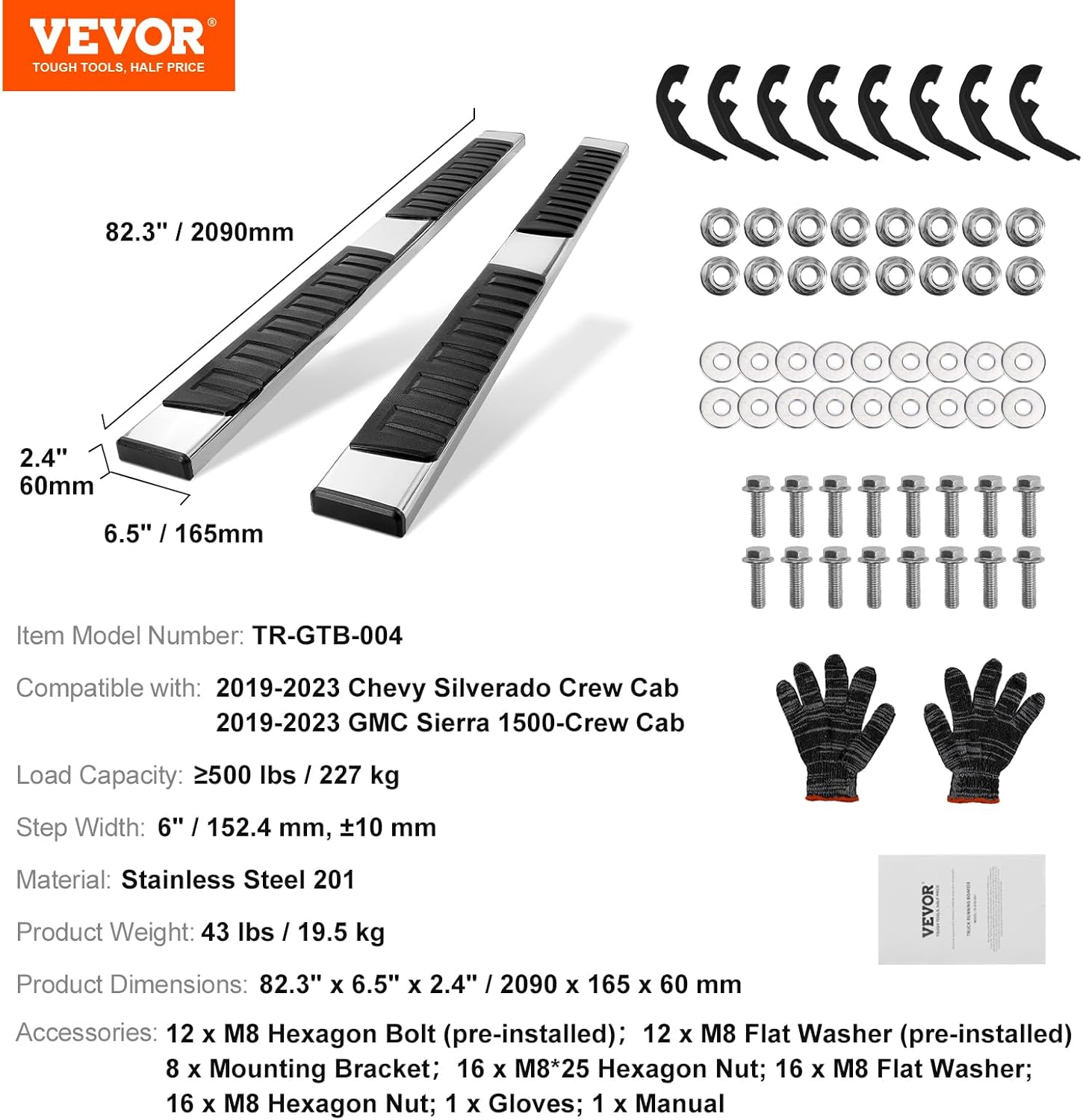 VEVOR Running Boards, 6" Step Bars Compatible with 2019-2023 Chevy Silverado/GMC Sierra 1500, 2020-2024 2500/3500HD Crew Cab, 201 Stainless Steel Side Steps Nerf Bars, 500LBS, 2 Piece