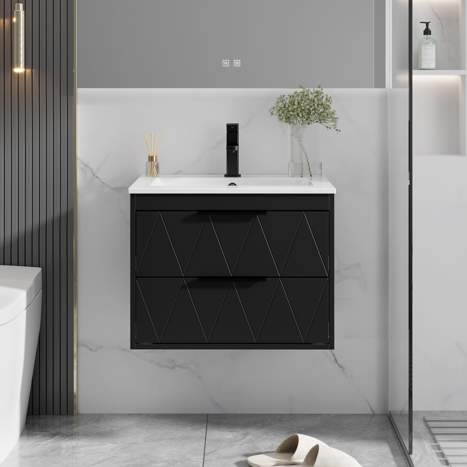 eclife 24" Bathroom Vanities Cabinet with Sink Combo, Wall Mounted Floating Cabinet W/Decor Line, Soft-Close System, 2 Extra Big Drawers, Matte Black Faucet, Black