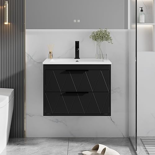 Vista 26 de eclife Armario de tocador de baño de 24 pulgadas con combo de fregadero, armario flotante montado en la pared con línea decorativa, sistema de Negro