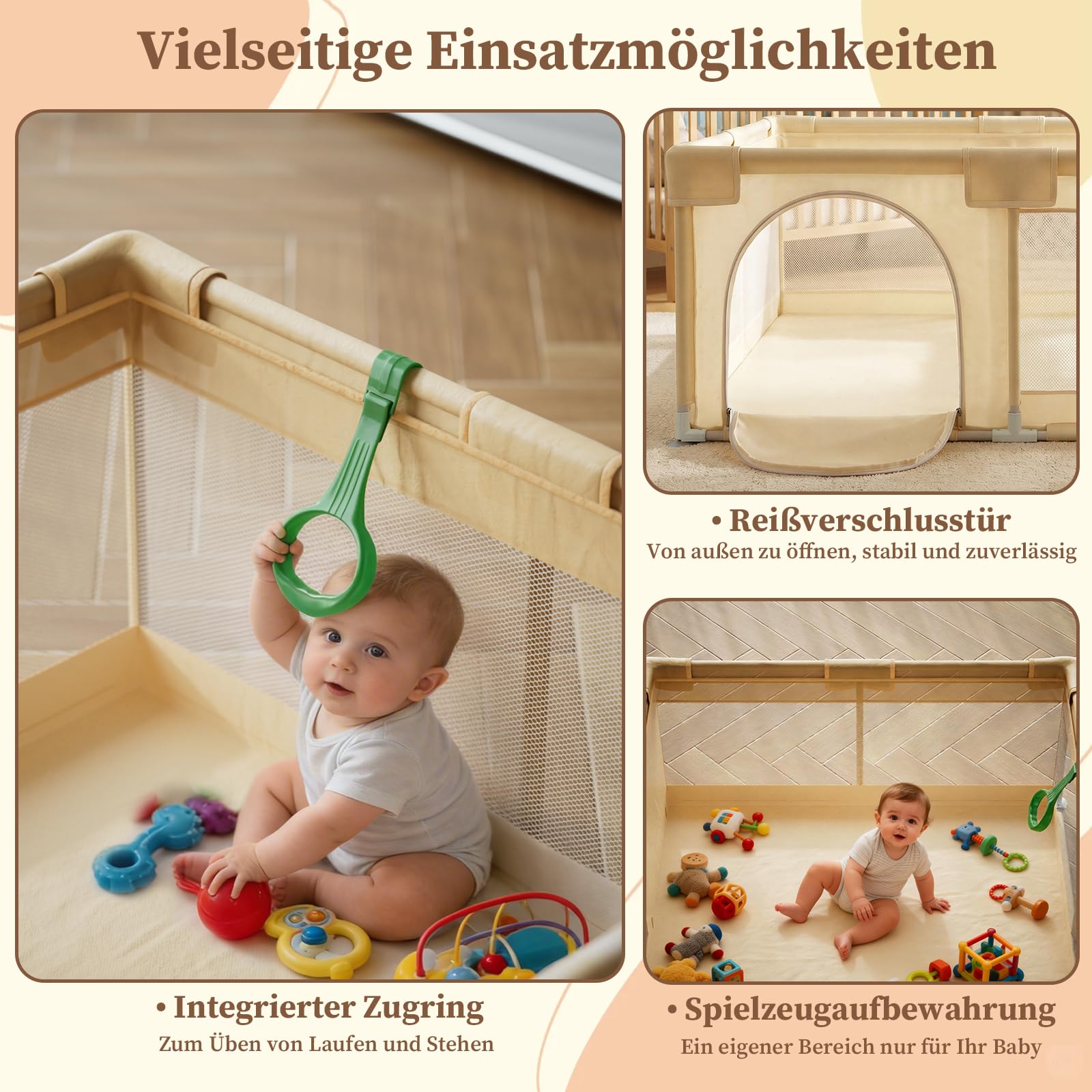 Koonmi Parc pliable pour bébé - 150 x 150 cm - Beige | Filet respirant avec tissu et ventouses, aire de jeu pliable pour bébés et tout-petits, intérieur et extérieur