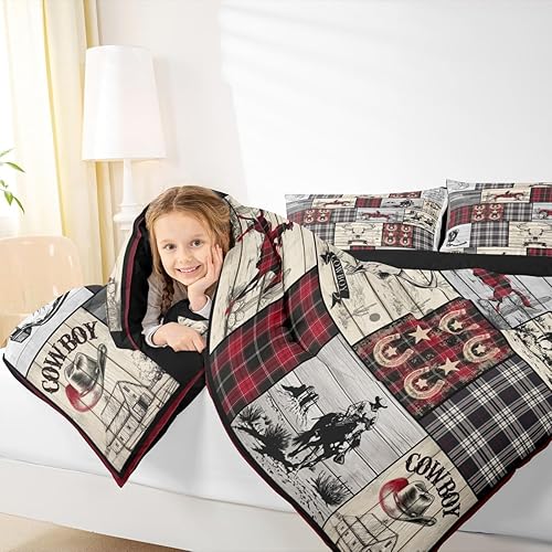Miniatura 5 de Erosebridal Juego de edredón para niños y niñas, juego de ropa de cama con estampado de vaquero, diseño de granja, a cuadros, caballo y vaca, para