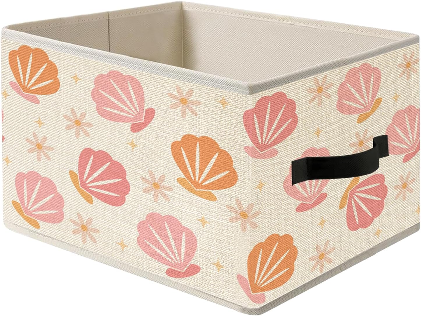 Preppy Pink Coastal Beach Seashell Storage Bins, Boho Floral Ocean Collapsible Fabric Storage Basket Box Organizer for Bedroom Nursery Living Dorm Room Clothes Toys Books, Toybox for Girls Room