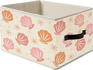 Preppy Pink Coastal Beach Seashell Storage Bins, Boho Floral Ocean Collapsible Fabric Storage Basket Box Organizer for Bedroom Nursery Living Dorm Room Clothes Toys Books, Toybox for Girls Room