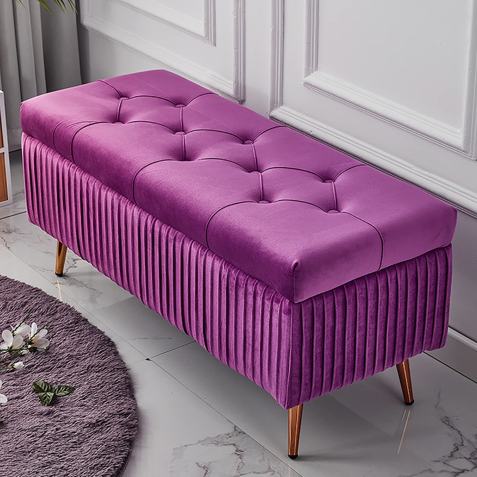 Banc ottoman de rangement en velours capitonné pour salon et chambre