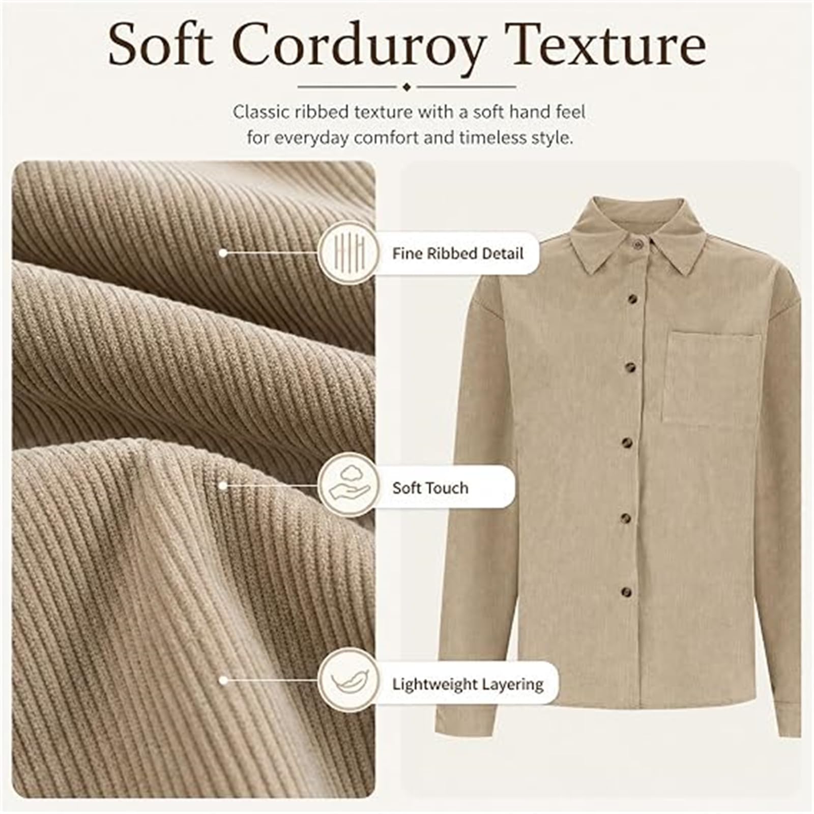 Generisch Camicia da donna a coste con colletto, abbottonatura, maniche