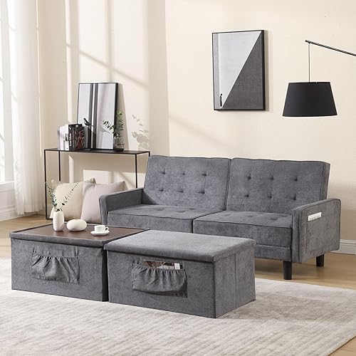 Miniatura 1 de IPKIG - Sofá cama futón de 72 pulgadas con 2 otomanasmesas auxiliares de almacenamiento, sofá cama convertible, sofá biplaza con respaldo dividido,