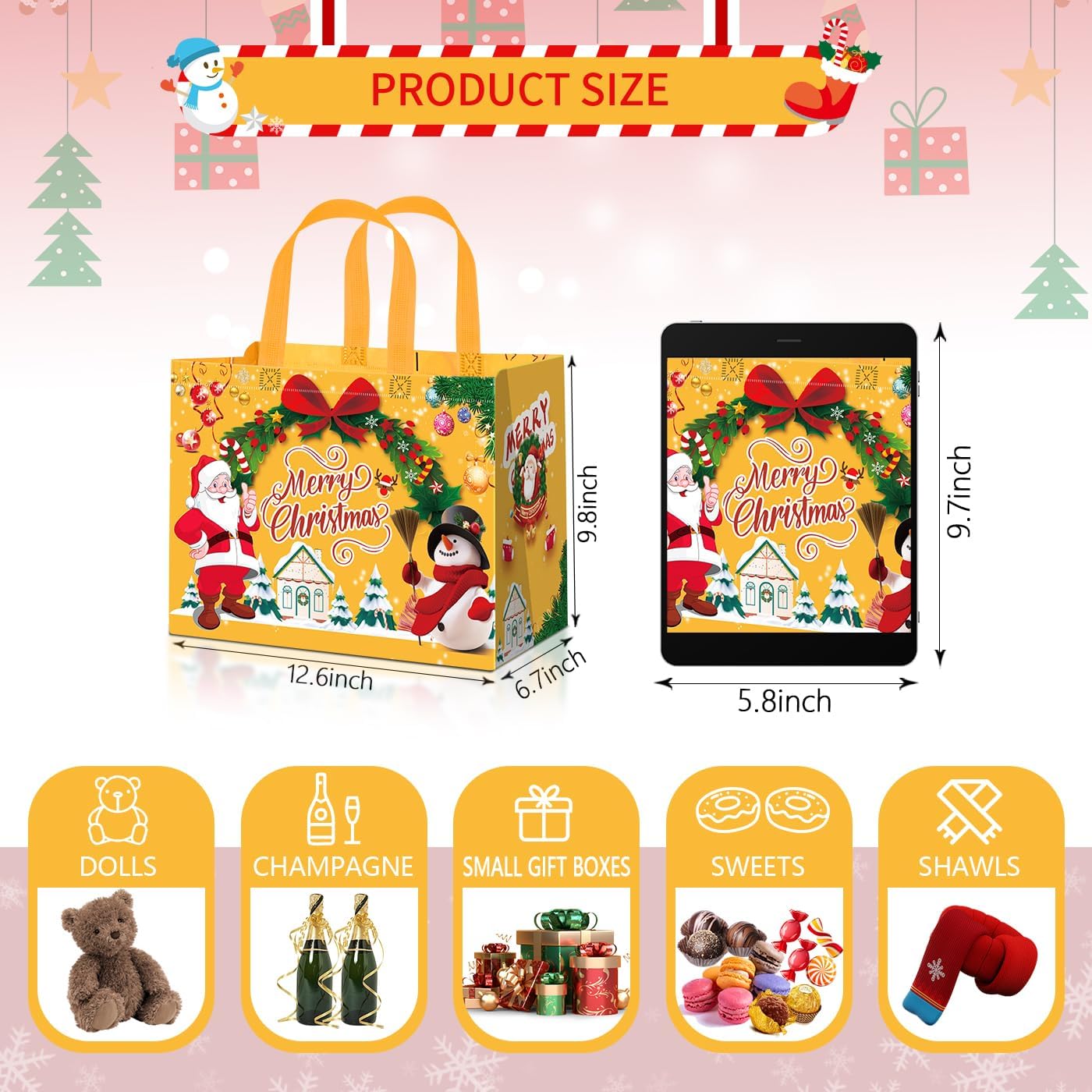 WLUSEAXI 12 Pack Large Christmas Bags with 24 Gift Tags, Reusable Christmas Tote Bags with Handles, 12.6"x9.8"x6.7" for Gifts Wrapping, Holiday Party Favor - Image 2