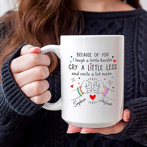 Miniatura 3 de Taza de cerámica personalizada con texto en inglés Because Of You I Laugh A Little Harder Cry A Little Less And A Lot More, taza de café