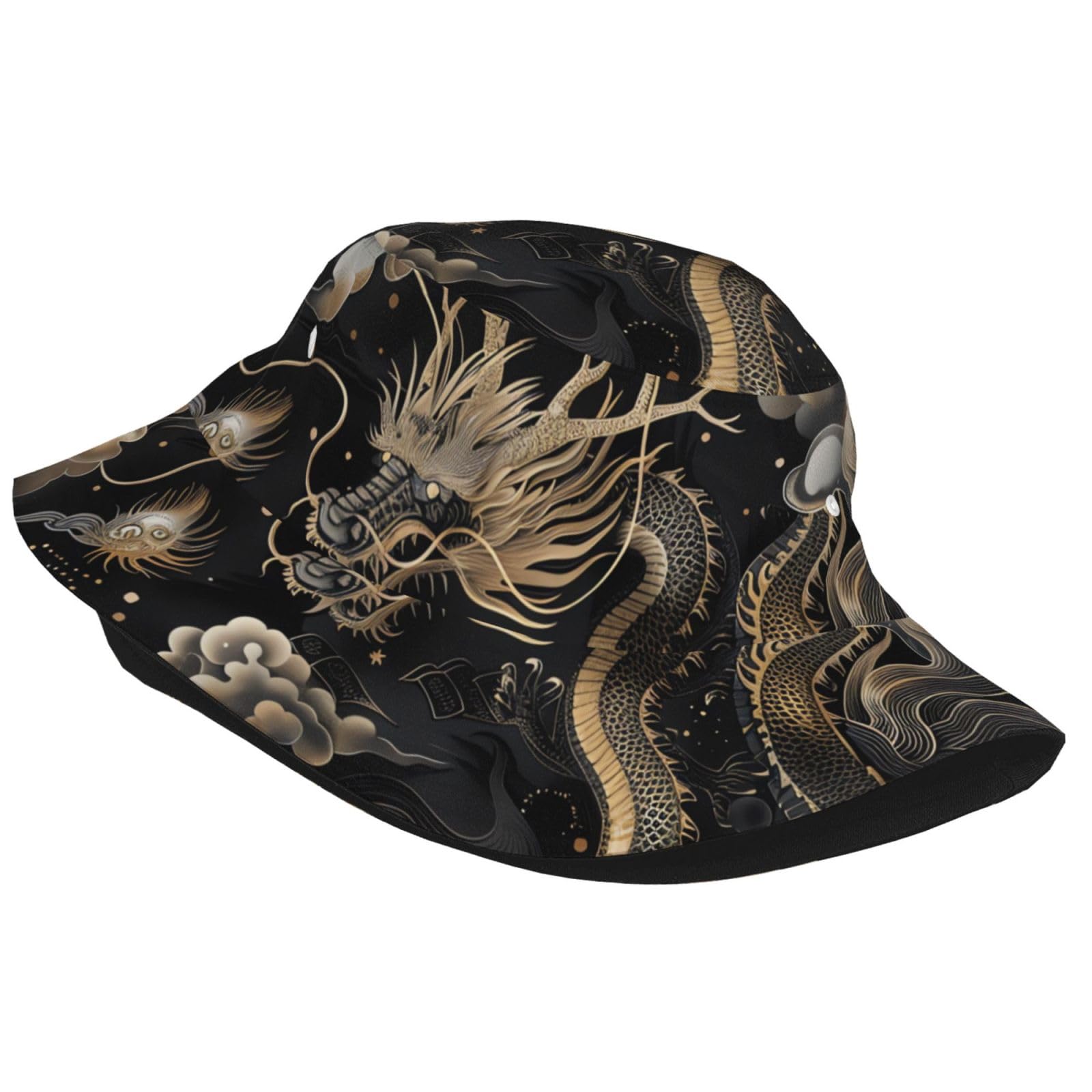 Unisex Cute Bucket Hat Black Chinese Dragon Summer Travel Fisherman Cap Beach Travel Sun Hat Outdoor Cap