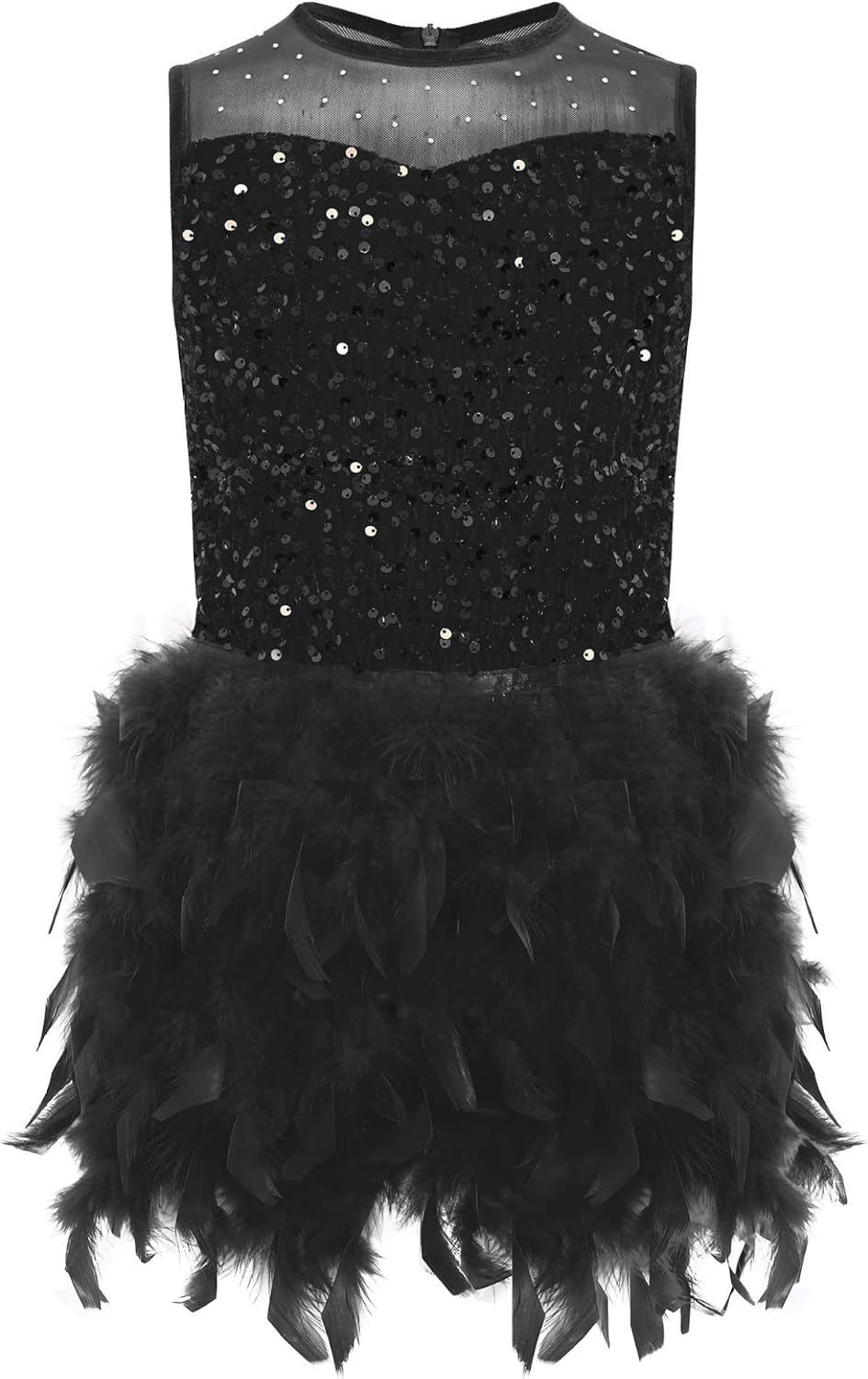 Girls Sequins Feather Ballet Tutu Dress Sleeveless Back Zipper Swan Lake Ballerina Dance Dress for Performance