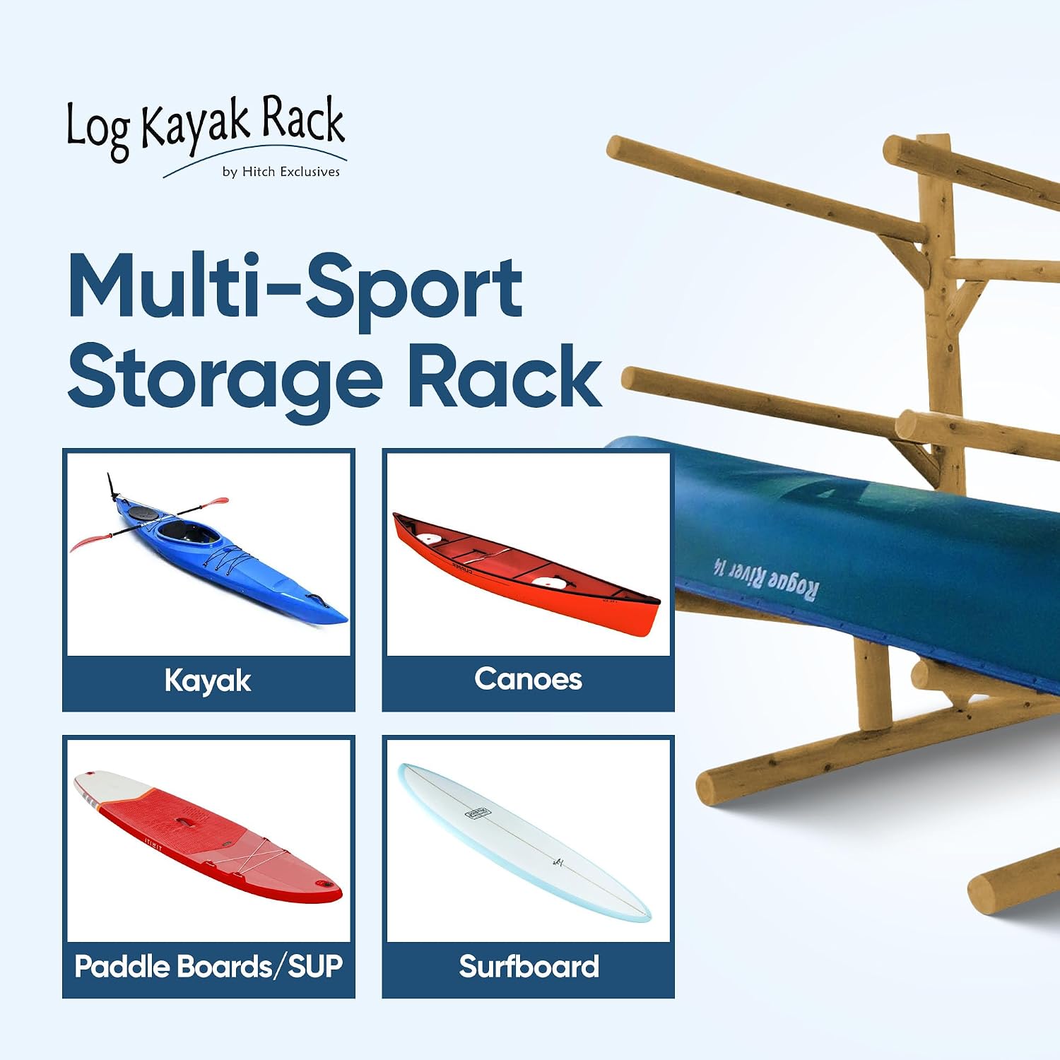 Log Kayak Rack 3-Place One-Sided Canoe Racks, Freestanding Canoe Stand for Garage, Outdoor & Indoor Surfboard Storage Racks or SUP Storage Stands, Kayaks
