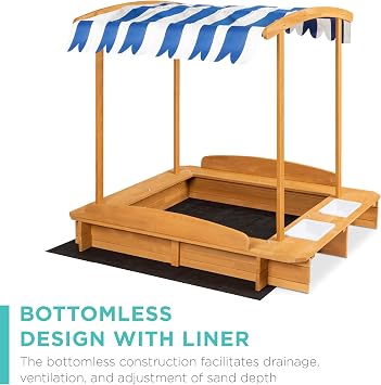 Best Choice Products Kids Wooden Cabana Sandbox Play Station for Children, Outdoor, Backyard w/ 2 Bench Seats, UV-Resistant Canopy Shade, Fabric Sandpit Cover, 2 Side Buckets - Natural