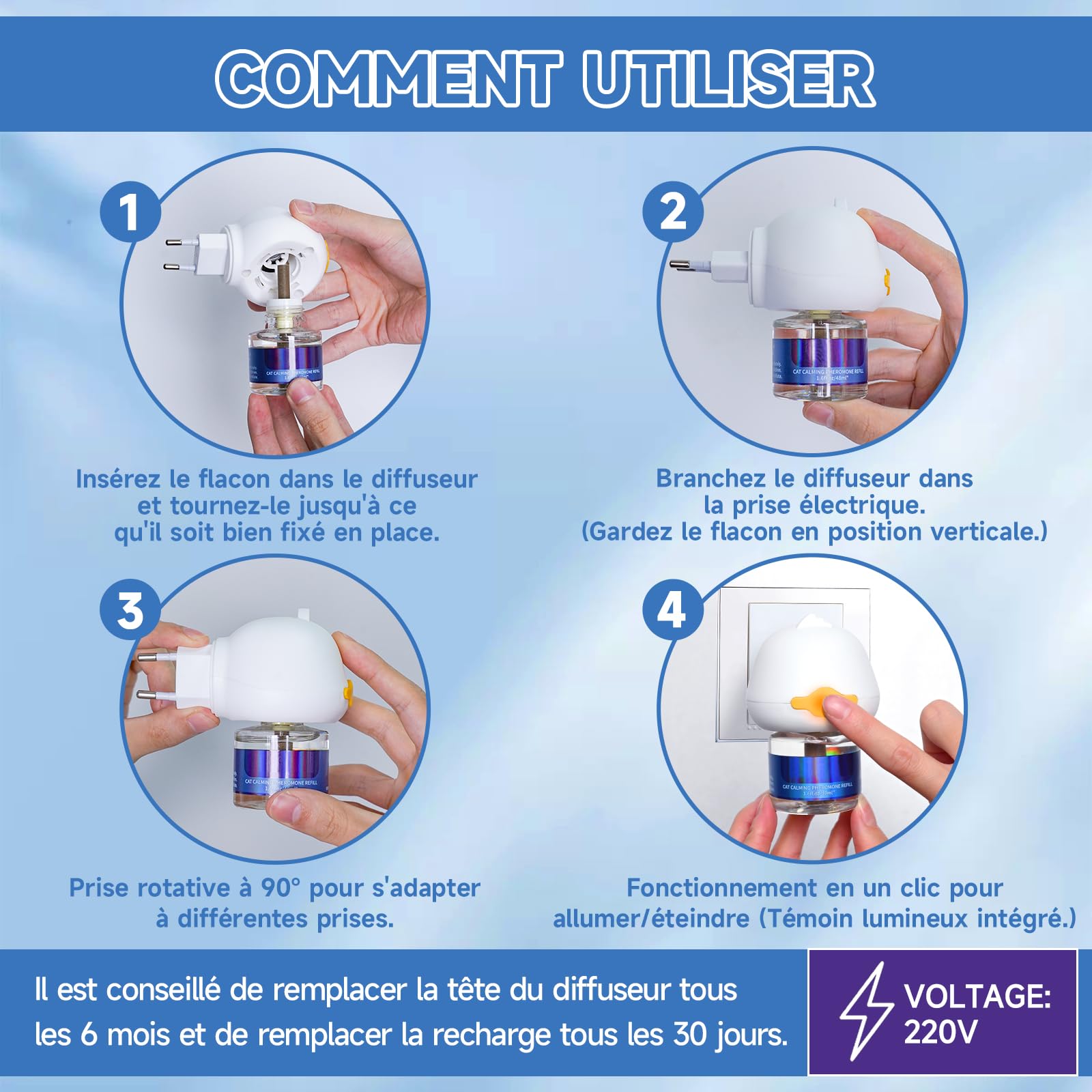 VICSOM Diffuseur Pheromones Chat 6 en 1, 120 Jours Diffuseur Chat Anti Stress, Phéromones pour Chat pour Relaxation, Réduisent l'Anxiété, Diffuseur Feromone pour Chat(1 Diffuseur + 4x48ml Recharges)
