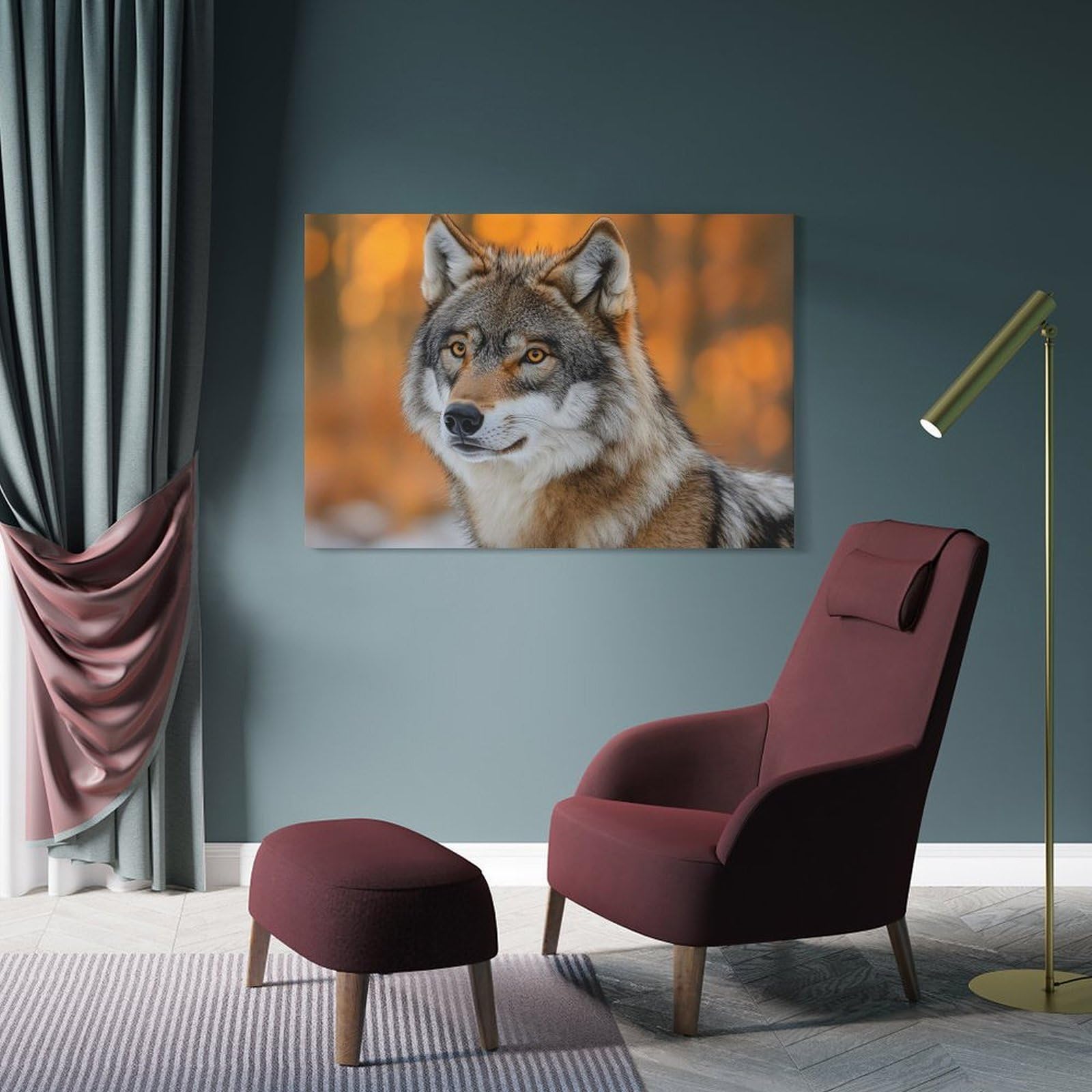 Junmoney Wolf Portrait in Autumn Forest Canvas Wall Art 20x30inch(50x75cm), for Wall Displays, Bedrooms Or Room Updates, Ideal for Building A Coordinated Art Wall