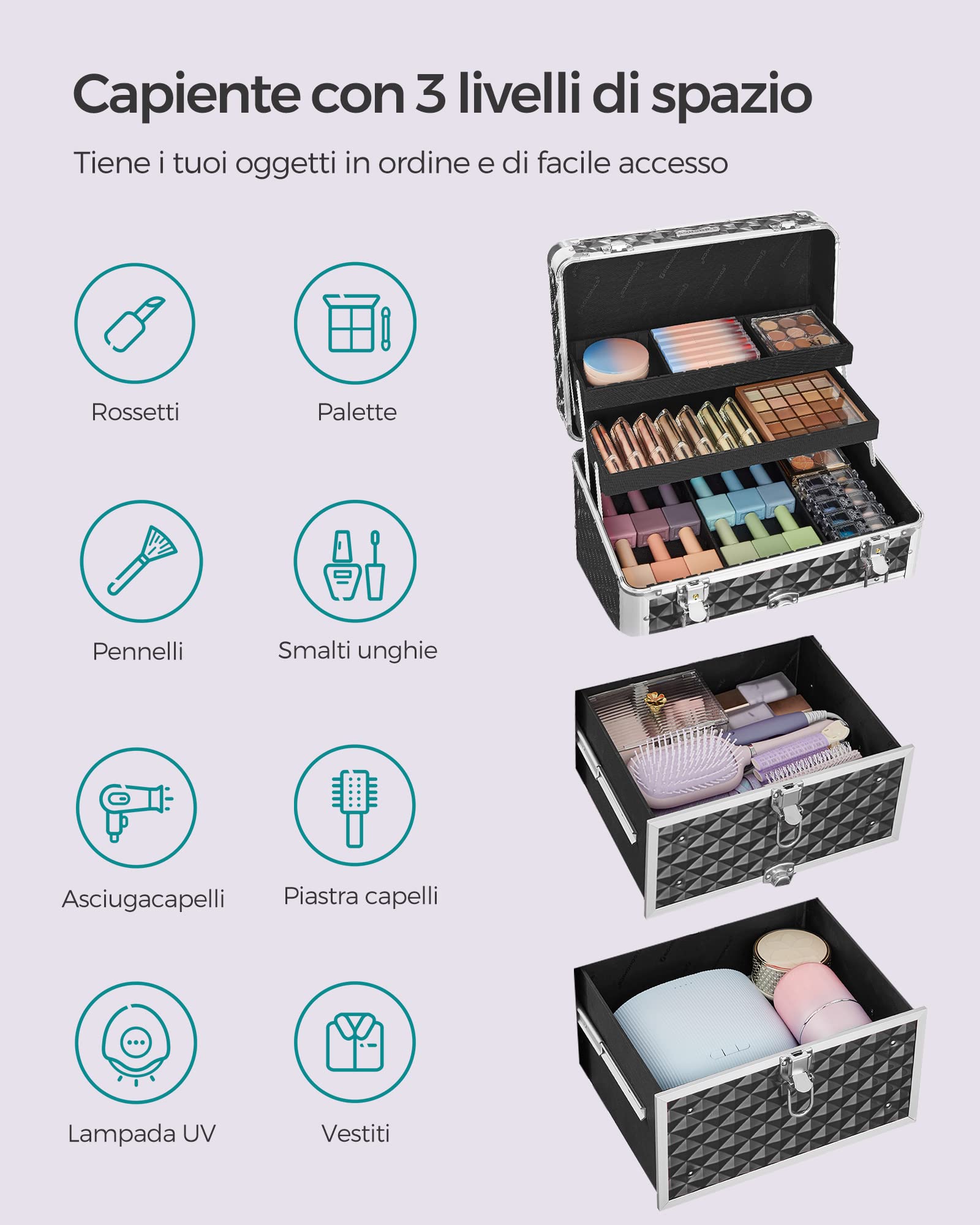 SONGMICS Trolley per cosmetici, Valigia Porta Trucchi, Trolley Make Up, 2 Cassetti, Grande, Ruote Girevoli a 360°, Beauty Case da Viaggio, per Truccatori, Idea Regalo