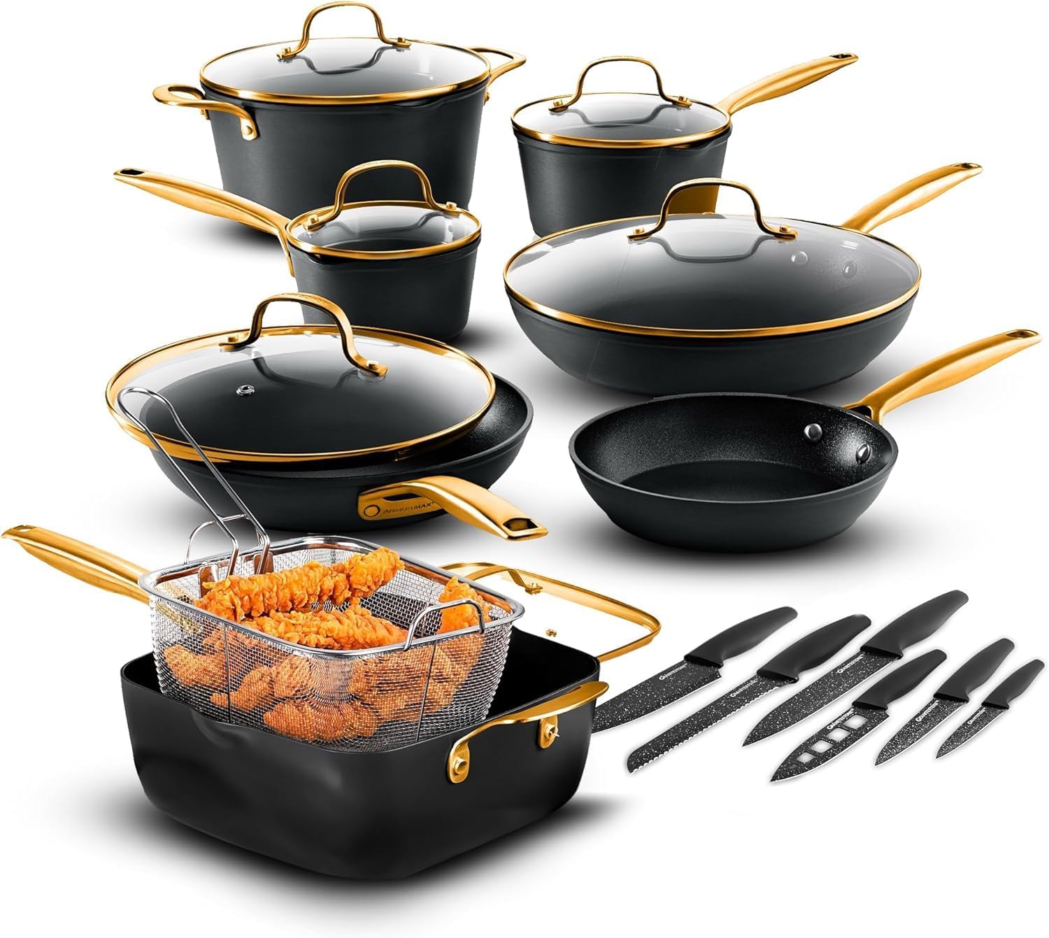 Granitestone 20pcs Induction Pots and Pans Set Non Stick Cookware Set with Deep Frying Pan & 6pc Knife Set, Hard Anodized Exterior with Armor Max Coating Lasts 8x Longer, Oven & Dishwasher Safe