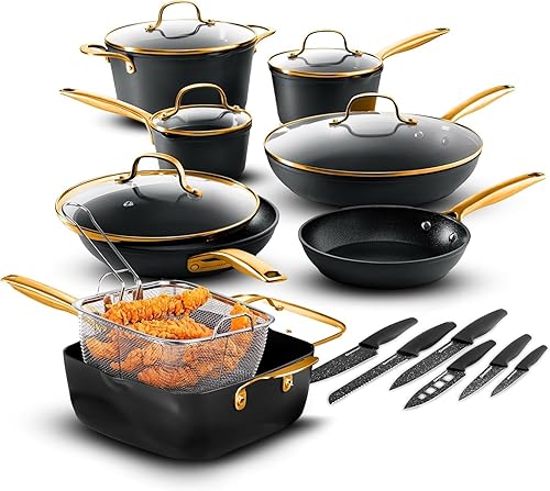 Granitestone Juego de 20 ollas y sartenes de inducción antiadherentes con sartén profunda y juego de 6 cuchillos, exterior anodizado duro con