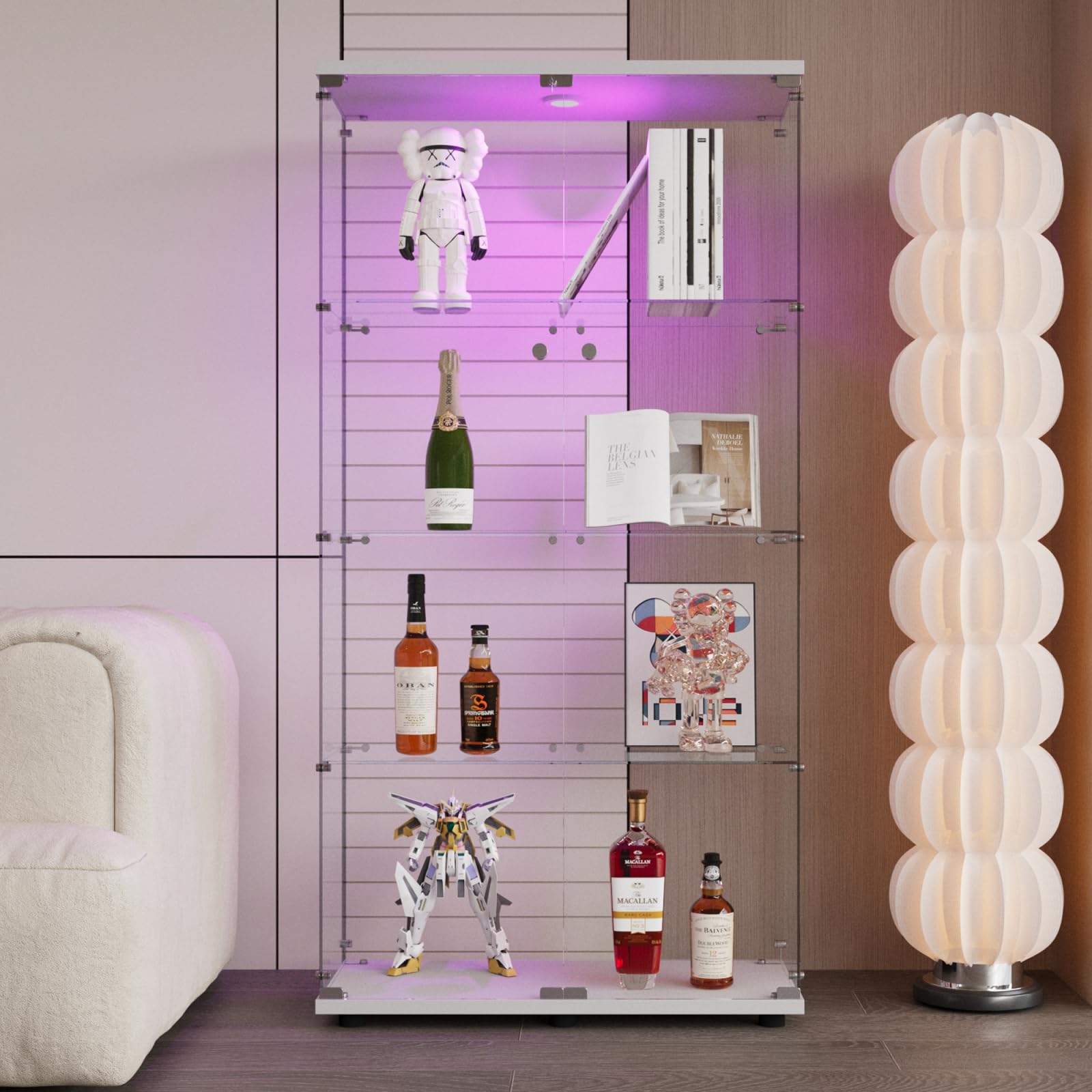 Vitrina de cristal con LED, armario de colección moderno de cristal de cuatro capas, transparente armadura de cristal con puerta y cerradura, vitrina de colección para el bar, salón (doble puerta,