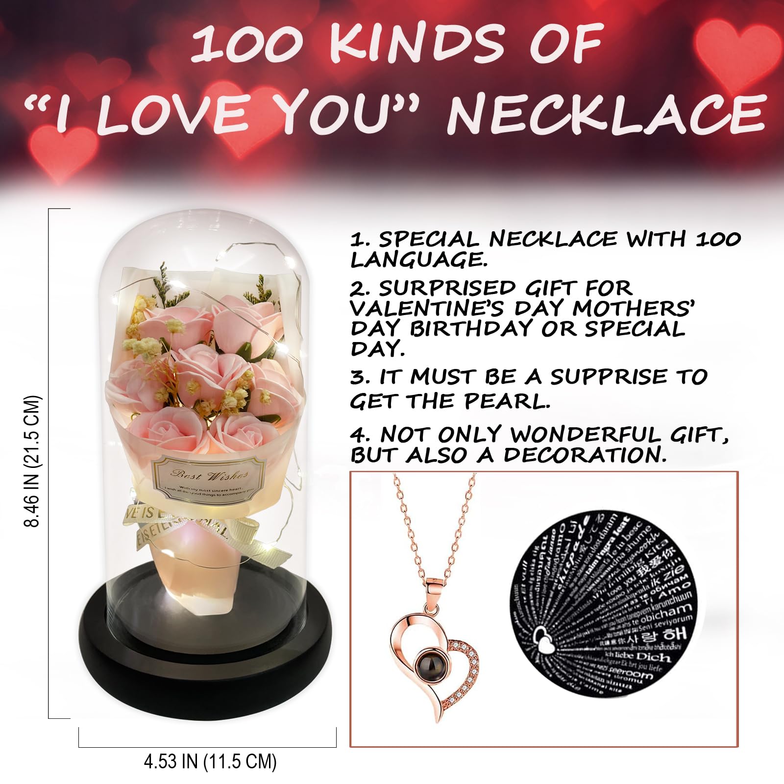 Cadeau pour elle - Bouquet de fleurs éternelles - Dôme en verre préservé - Lumière LED - 100 langues - Collier pour la fête des mères, un anniversaire, la Saint-Valentin - Cadeau romantique pour femme