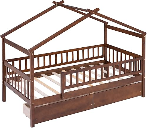 Miniatura 103 de Cama de casa completa con 2 cajones de almacenamiento, marco de cama matrimonial para niños con rieles y techo, cama de tienda, cama de día completo