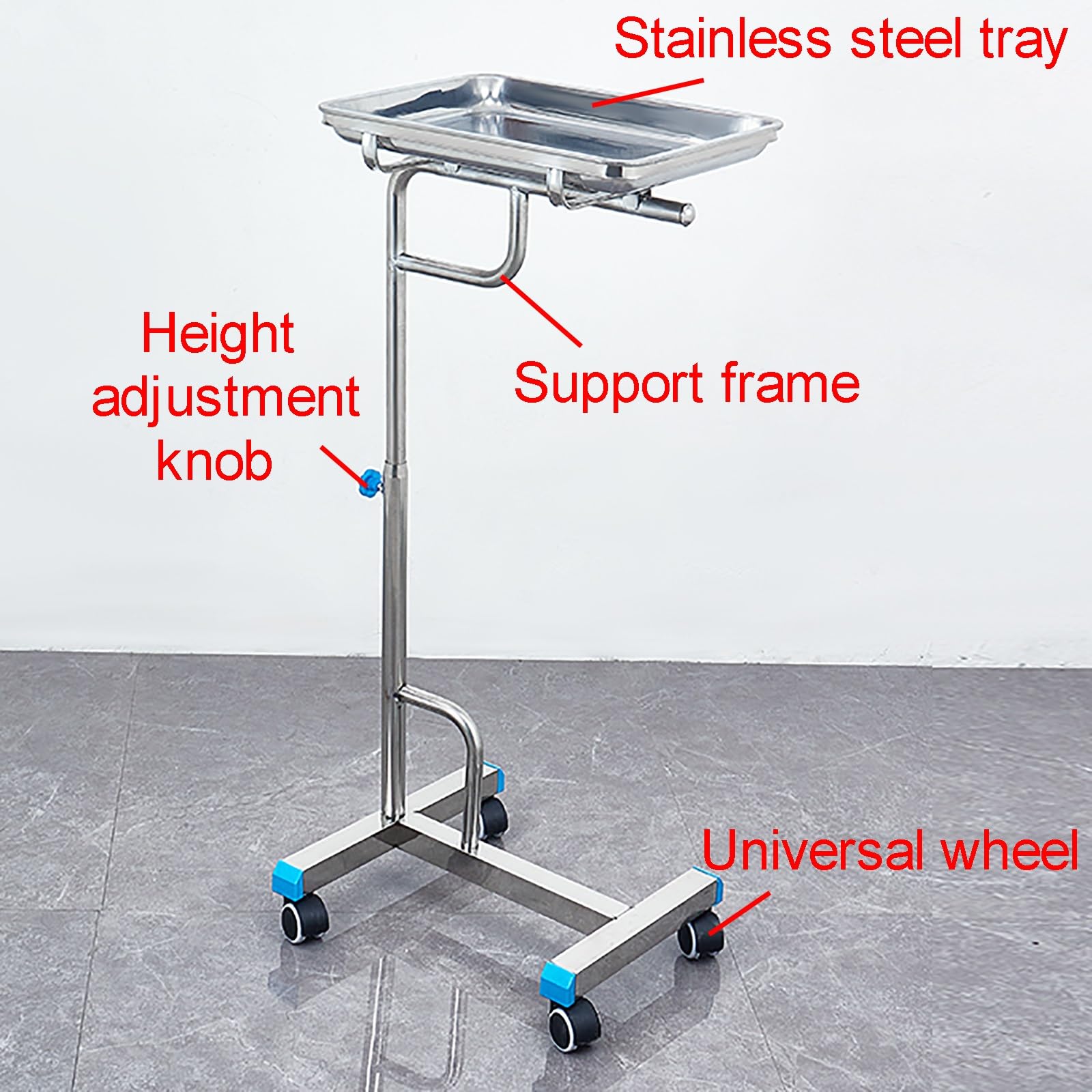 Carro de Bandeja Móvil de Acero Inoxidable Mayo, Altura Ajustable de 85 a 120 cm, para Laboratorio, Clínica, Salón de Belleza(60x40x(85-120) cm)