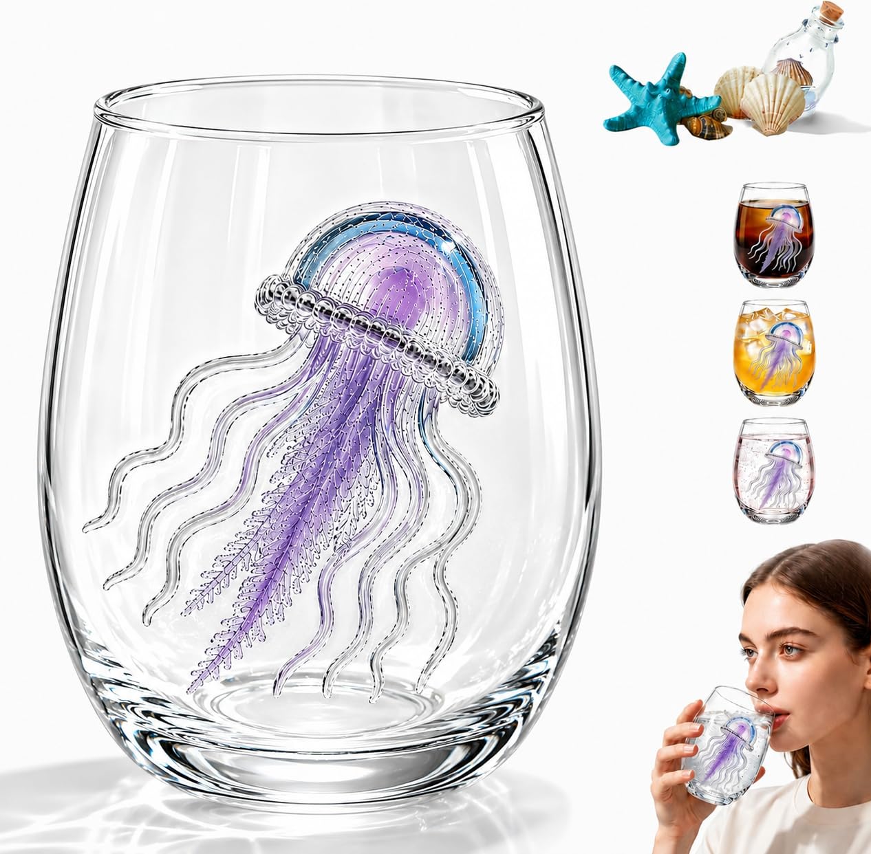 hertank Artisanal Jellyfish Glassware, 3D Ocean Glasses Tumbler