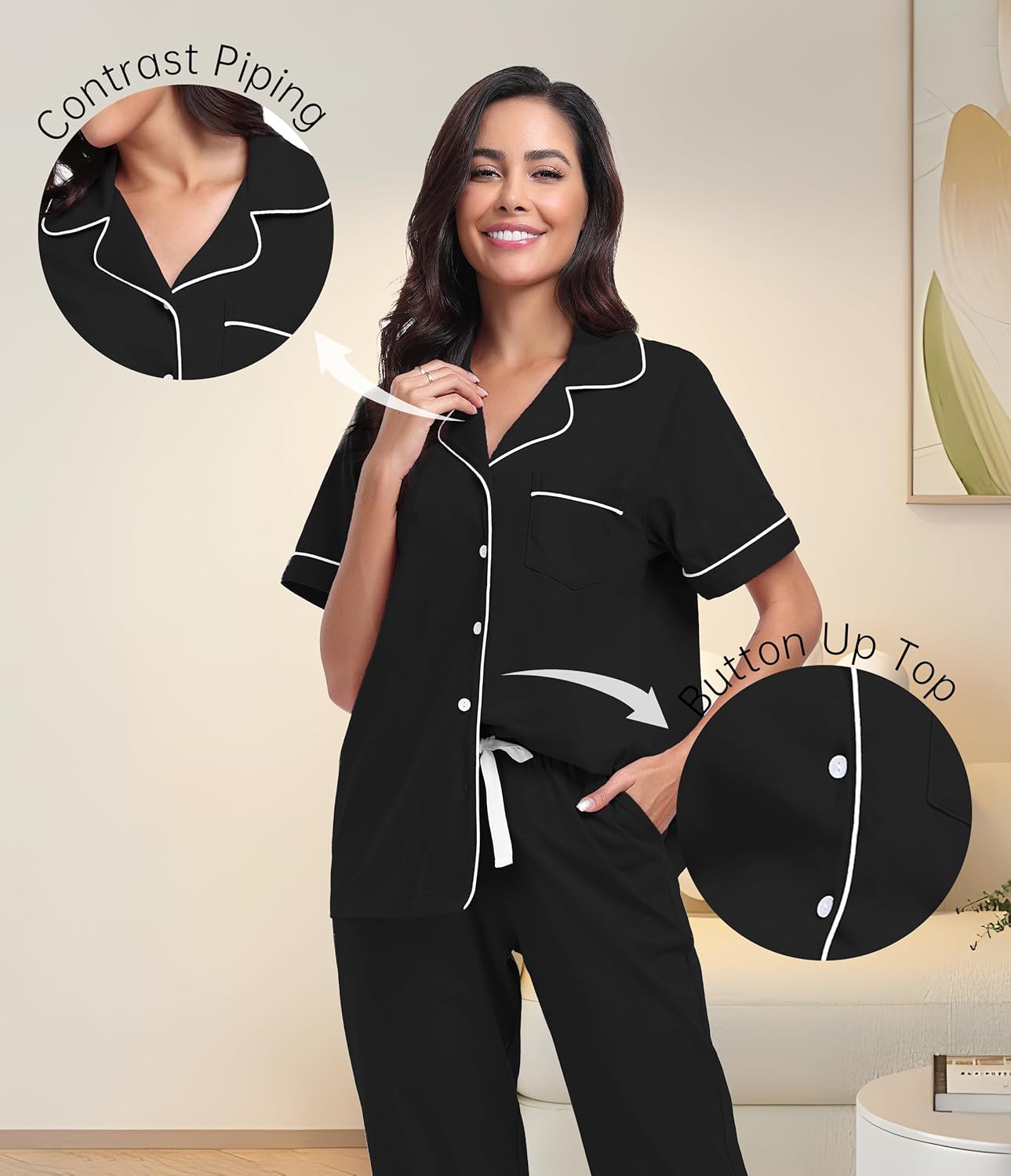 CF Women's 100% Cotton Pajamas Set Short Sleeve Top & Long Pants Sleepwear Button Down Pjs Sets Comfy Loungewear with Pockets - Image 3