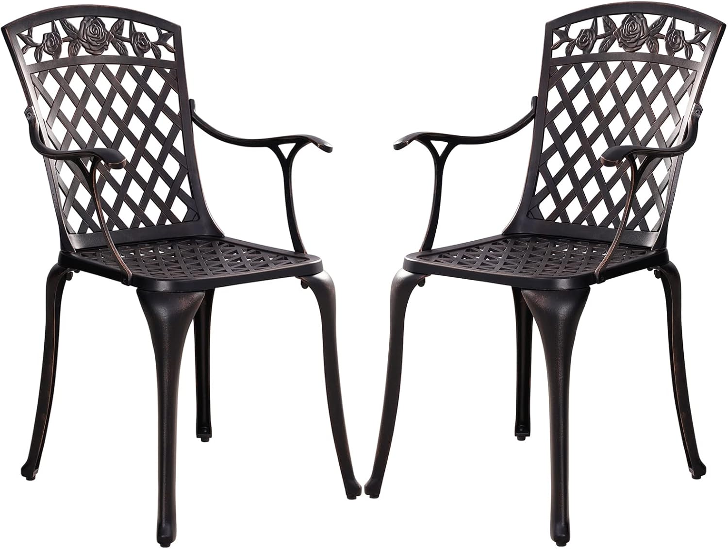 Cast Aluminum Patio Chairs, Outdoor Bistro Chairs Set of 2 with Large Back, All Weather Metal Dining Chairs for Garden Deck Backyard, Bronze Lattice Weave Design