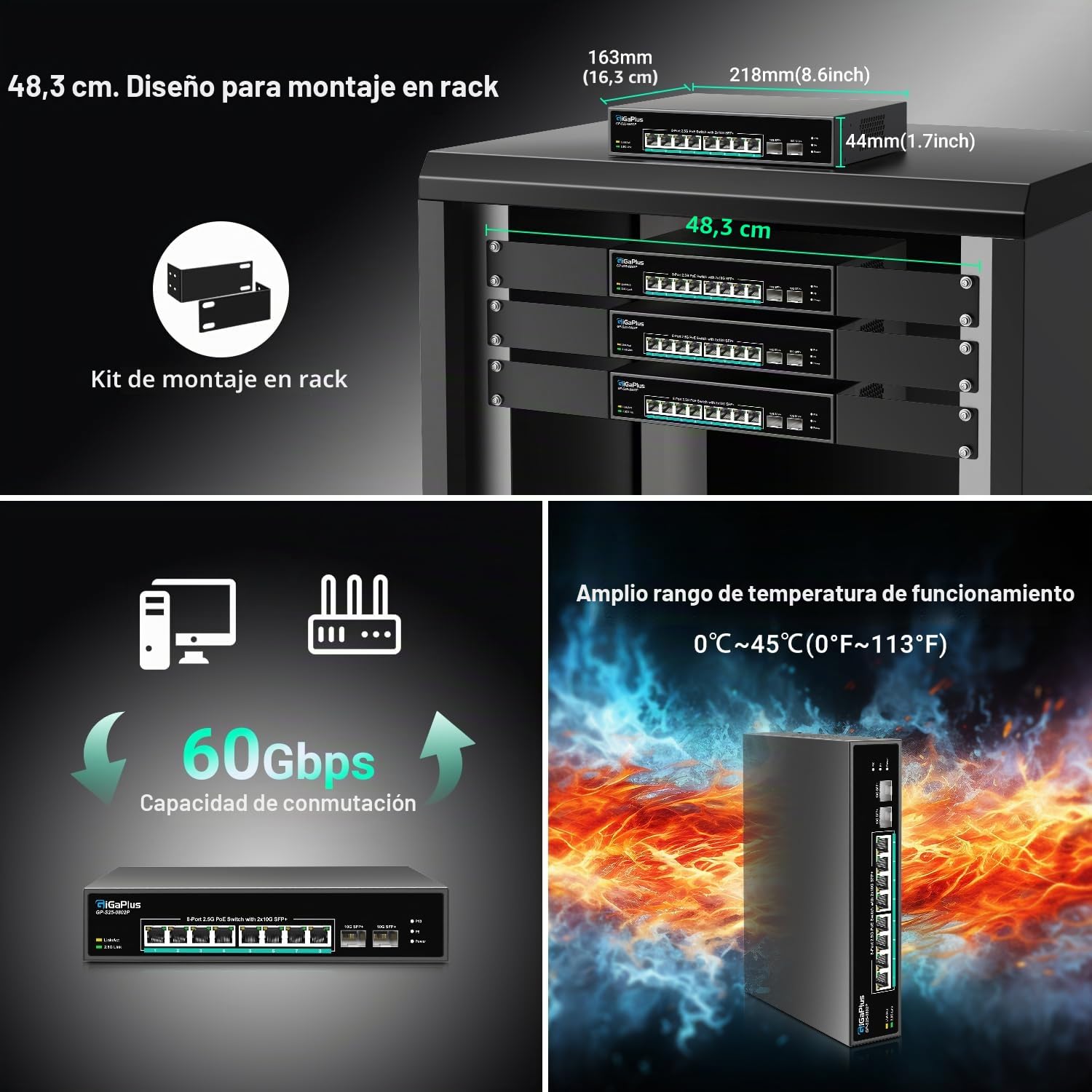 Switch PoE no administrado de 10 Puertos y 2.5G con 8 Puertos PoE Base-T de 2.5Gb, 2 Enlaces ascendentes SFP+ de 10G, 802.3af/at (PoE+), Switch PoE GigaPlus para NAS/PC de 2.5G, enrutador WiFi6