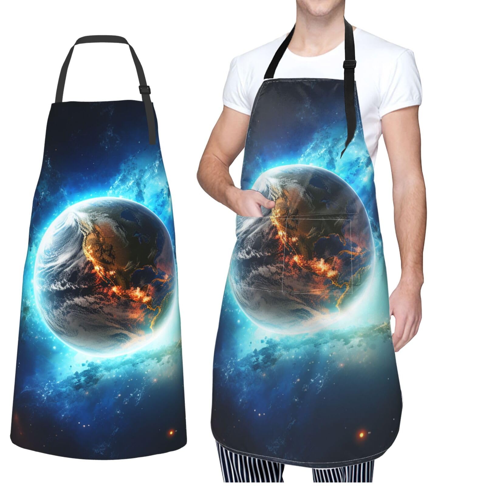 GFLFMXZW Apron for Women Men Waterpoof Aprons Blue Earth In The Space Adjustable Bib Work Aprons for Dishwashing