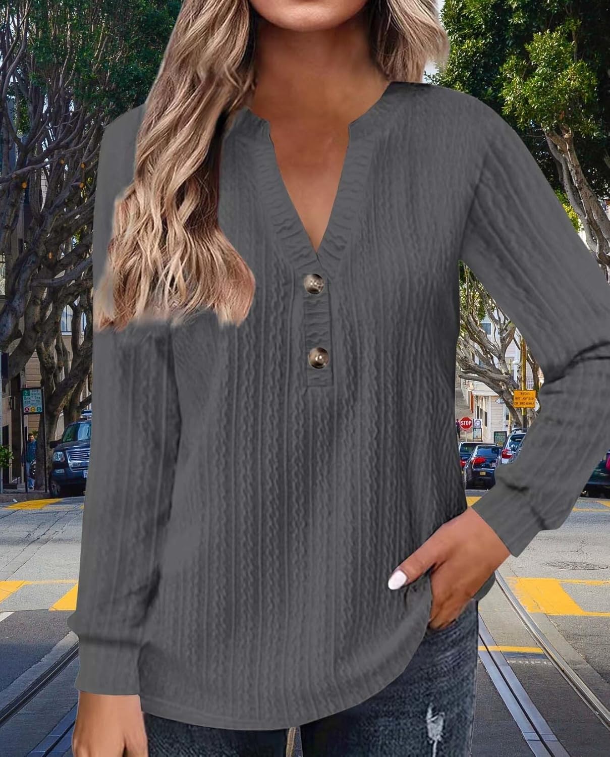 2025 Fashion Must Have Womens Long Sleeve V Neck Henley Shirt Loose Casual Shirt Warm Winter Knitwear - Image 6