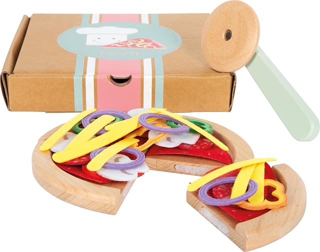 Small Foot Set Pizza de Madera, para Cortar con Caja y toppings, para la cocinita, Juego de rol Desde 3 años