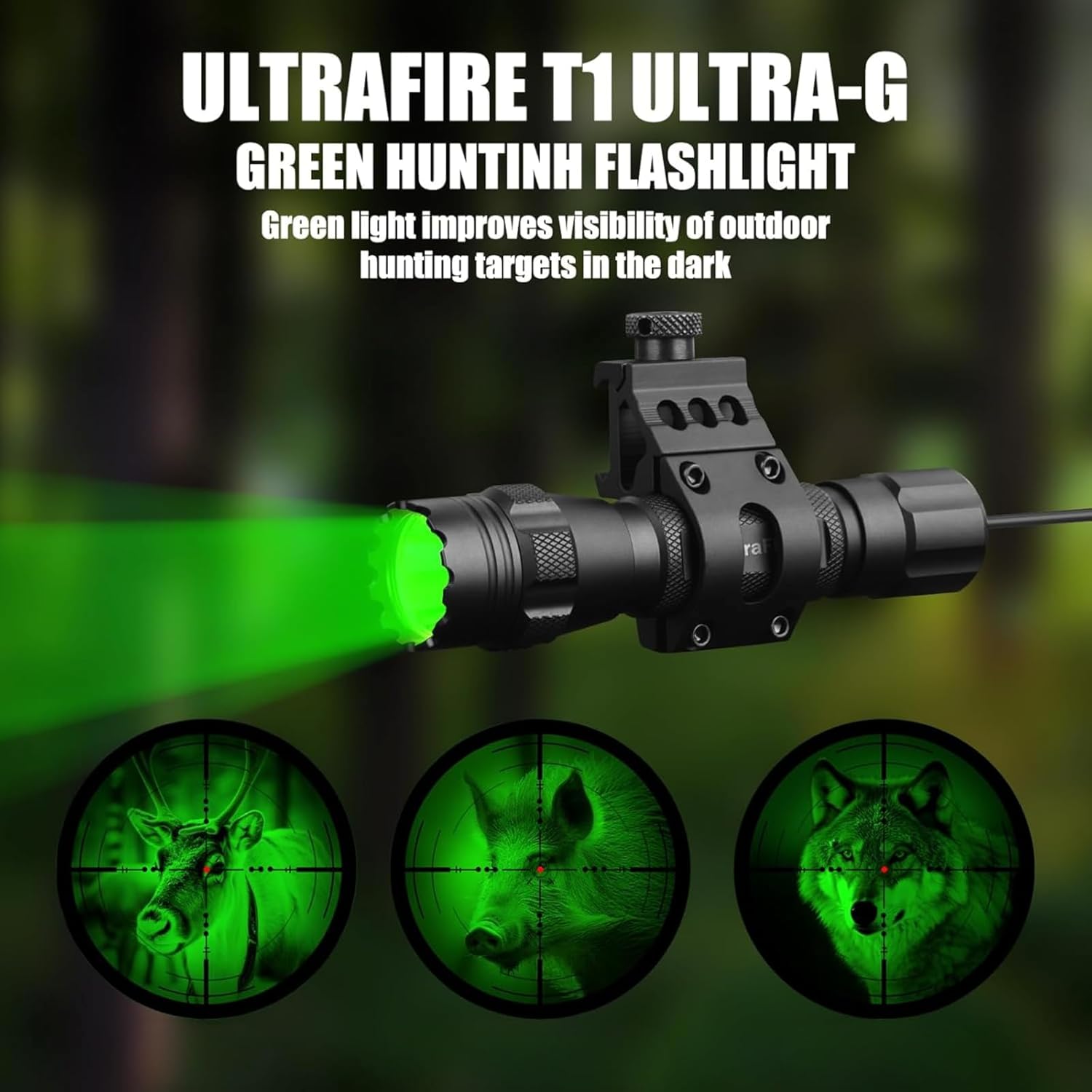 ULTRAFIRE Tactical Green Hunting Flashlight - 218 Yard Long Range Green LED Light, Single Mode Super Bright for Night Observation & Coyote Predator Hunting (T1 Ultra-G)