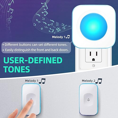 Miniatura 9 de Timbre inalámbrico impermeable de 1200 pies con 2 botones con diferentes tonos que funcionan a 36 melodías, 4 niveles de volumen, luz de destello, 1