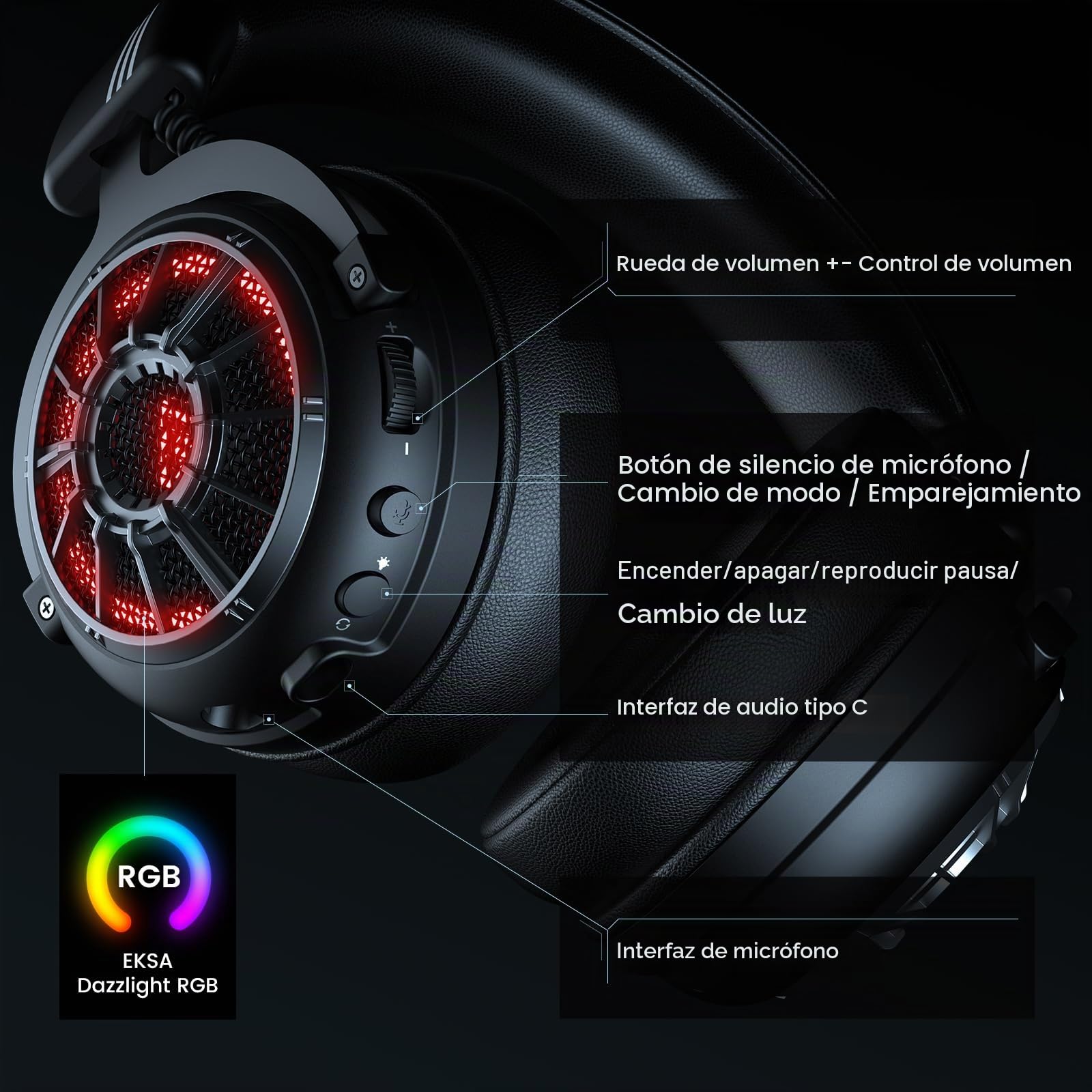 EKSA E5000BT Cascos Gaming inalambricos, Auriculares Bluetooth 5.4 con Baja Latencia para Juegos, Actuador de Doble cámara, 2,4GHz Conexión Tri-Modal, Iluminación RGB,100 Horas de Reproducción