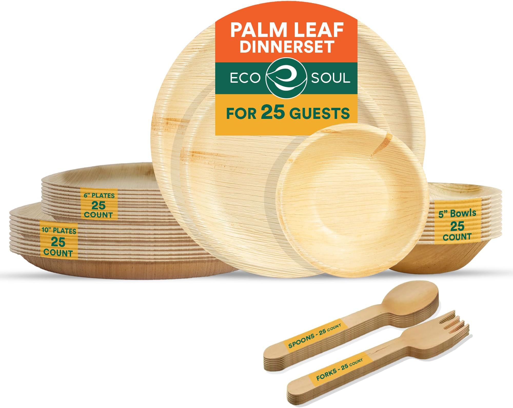 ECO SOUL [25 Pack Palm Leaf Dinnerware Set | Biodegradable, Disposable Round Plate Set | Eco Friendly Tableware for Wedding, Party | 10 & 6 inch (25 cm & 15 cm) Plates, 250 ml Bowls & Cutlery